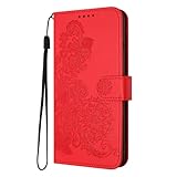 SUPWALL Designed for Samsung Galaxy S7 Edge Wallet Case | 3D Embossed Flower Leather Folio Case | Card Holders Kickstand Wrist Strap Strong Magnetic Flip Case | Red