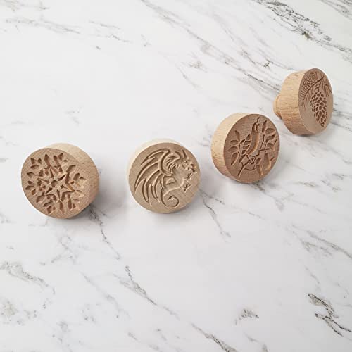 4Pcs Wooden Cookie Mold Carved Wooden Cookie Stamp Mould Pressed Biscuit Mold 3D Wooden Baking Mold Embossing Craft Decorating Baking Tool (Dragon, Snowflake, Pine Cones, Bird) #TOP3