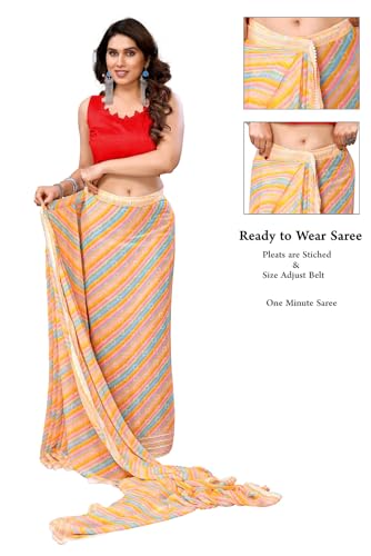 Image of ROOP SUNDARI SAREES Readymade Pleated Pre Drape Stitched Floral Printed Georgette Saree For Women's With Lace Border & Blouse(Ready To Wear One Minute)
