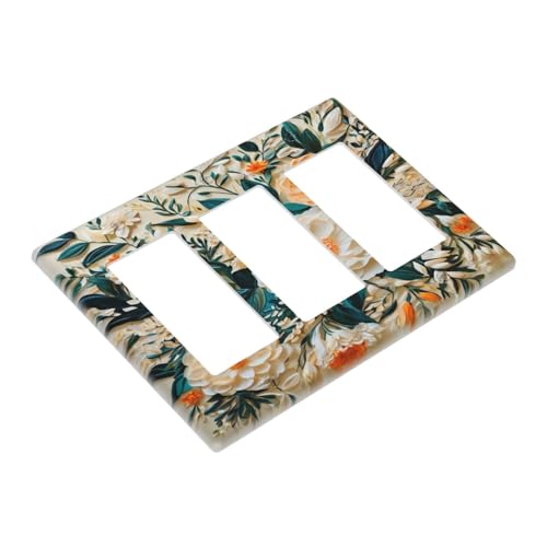 Decorative Outlet Covers Rustic Big Flowers Abstract Floral 3 Gang Wall Plate Triple Rocker Light Switch Cover Plate Jumbo Electrical GFCI Faceplate for Country Bedroom Home Decor