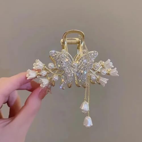 Image of Diversa Rhinestone Golden Peacock Claw Clip, Tassel & Bellflower Embellished Korean Clutcher, Non- Slip Metal Claw Clip for Girls, Fancy Clutcher for Women, Pack of 1