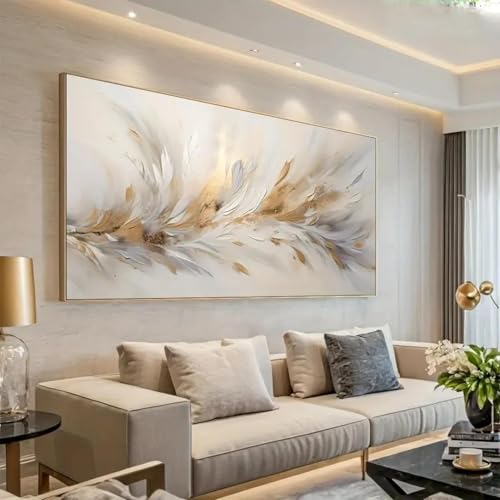 ZHAOLIN Grande toile murale élégante et moderne avec plumes grises dorées abstraites - Peinture contemporaine pour salon, chambre à coucher, 70 x 140 cm, sans cadre