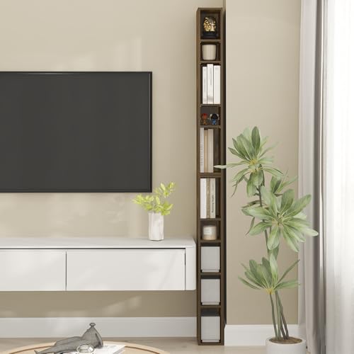 Image of Furinno Fulda Book Shelf, 10-Tier Bookshelf, Space Saving Storage Shelf Bookcase, 9.2 x 5.9 x 78.7, for Living Room, Bedroom, Home Office, Amber Pine