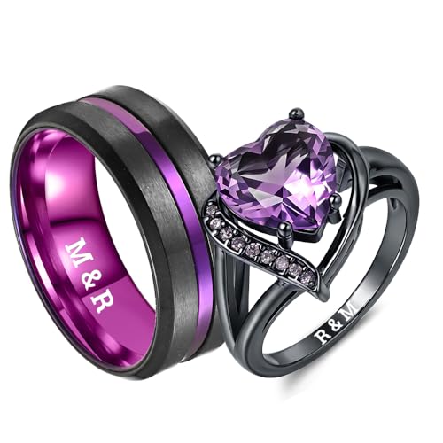 Custom Engraved Couple Promise Rings for Him and Her Gold Personalized Engagement Rings Sets for Couples Matching Wedding Rings Purple Wedding Band for Men Heart Rings for Women Ruby