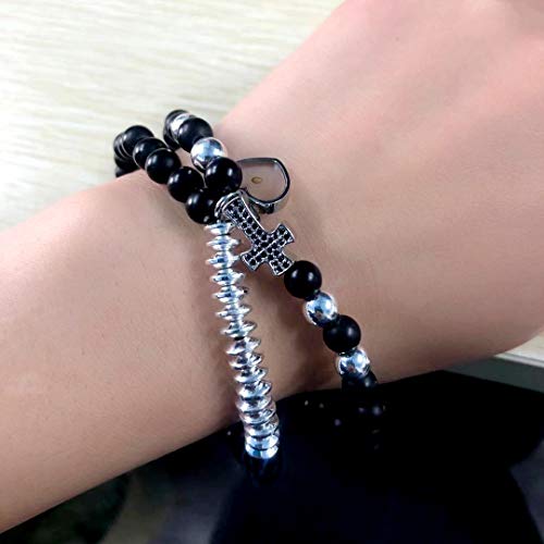 Uloveido White Black Beaded Natural Stone Bracelet, CZ Pave Side Cross Bangle Bracelets Stack Adjustable, Mustard Seed Beaded Jewelry (White) - Image 4