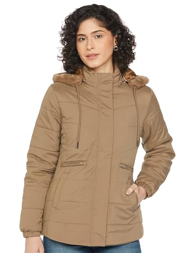 Image of Qube By Fort Collins Women's Medium-Length Bomber Jacket with Detachable Hood Stylish Winterwear for All-Day Comfort |Material: Nylon