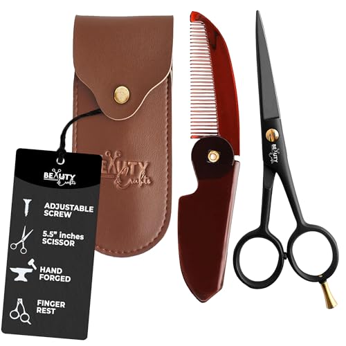 Beauty & Crafts 5” Professional Beard & Mustache Scissors for Men | German Stainless Steel Beard Trimming Shears with 2 Mustache Combs & Premium Pouch for All Facial Hair (Black)