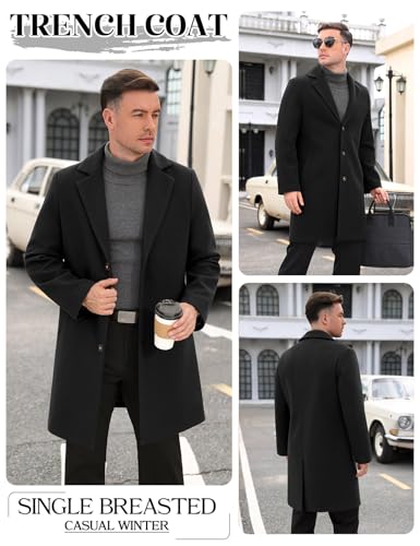 Men's Trench Coat Casual Single Breasted Long Pea Coat Notched Collar Warm Overcoat for Fall Winter with Pockets2