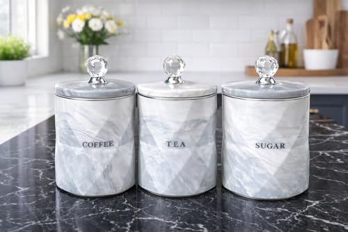 BMLIMITED Tea Coffee Sugar Canister Trio Marble Effect Ceramic Storage Jars Airtight Crystal Lid Kitchen Counter Canisters for Coffee Tea Sugar Modern Kitchen Decor Gift Set