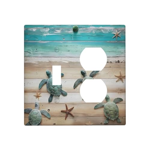 Decorative Outlet Covers Turtle Starfish Beaches Blue Wood Plank 2 Gang Wall Plate Cover Single Toggle Duplex Combo Two Switch Light Switch Cover Plate Jumbo Faceplate