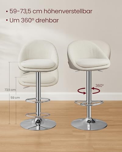 VASAGLE Barhocker, 2er Set, Barstuhl, höhenverstellbar, 360° drehbar, Küchenstuhl, mit Rückenlehne, Sockel, Fußstütze, Stahl, für Theke, Bar, Esszimmer, cremeweiß-Silbergrau LJB110W01