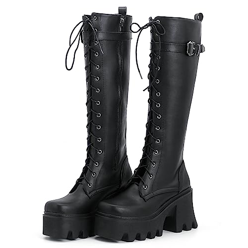 Image of Parisuit Women's Knee High Goth Platform Boots Lace Up Combat Boots