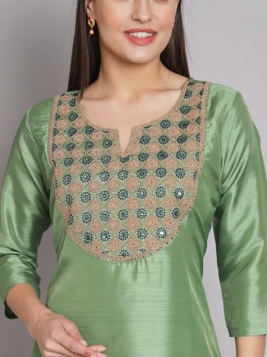 Image of VredeVogel Women's Cotton Silk Blend Kurta Pant Set with Banarasi Silk Dupatta