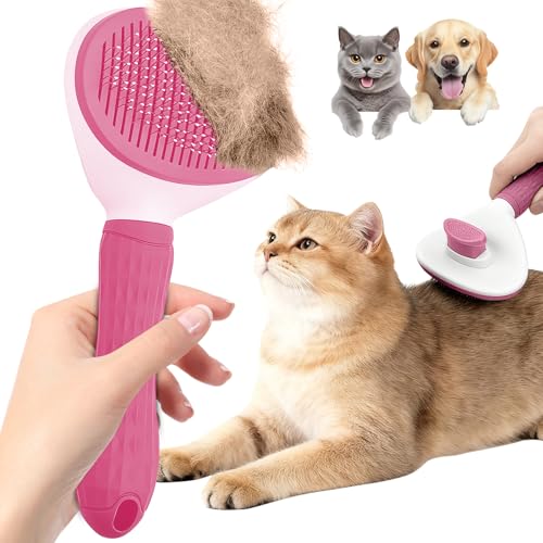 Cat Brush, Self Cleaning Slicker Brush, Skin-Friendly Grooming Tool for Cats & Dogs, Easily Removes Shedding Hair & Mats, Pet Massaging Tool for Long and Short, No Hair Build-Up, Easy to Clean