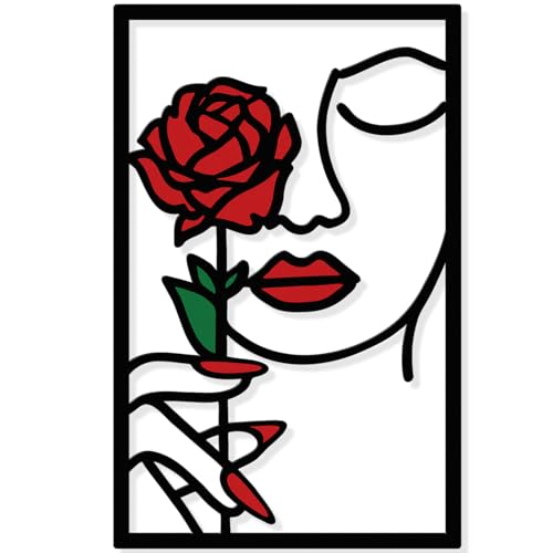 Hnatzu Feminine Wall Art – Rose & Woman Silhouette Metal Decor – Bedroom Decor for Women & Abstract Modern Wall Art for Living Room