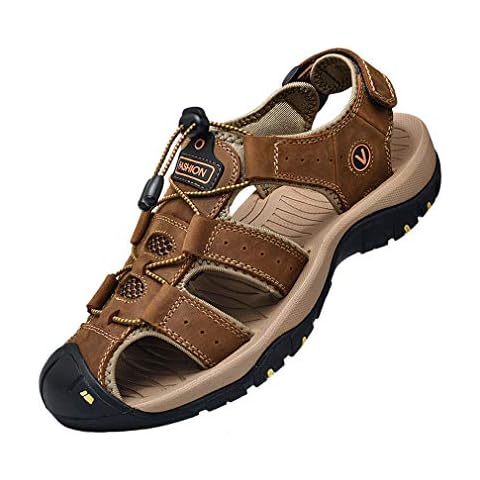 Sports Outdoor Sandals Summer Men's Beach Shoes Closed-Toe Shoes Leather Casual Trekking Walking Hiking Touch Close Strap Sandals for Men Brown UK10 Cover