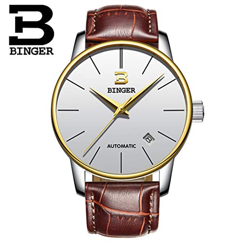 Preisvergleich Produktbild FAPROL-BINGER Erwachsenenuhr, Herren Armbanduhr Automatische Mechanische Kern Uhren Kalenderanzeige 3ATM Wasserdicht, Lederband Gold+White