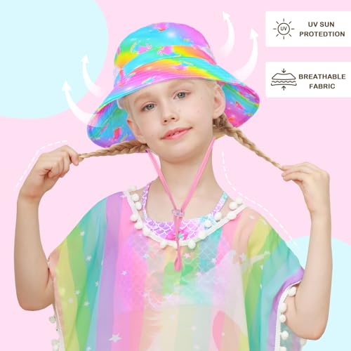 2pcs Kids Sun Hat for Girls Toddler Kids Bucket UV Protection Wide Brim Unicorn Beach Fishing Hat for Girls4