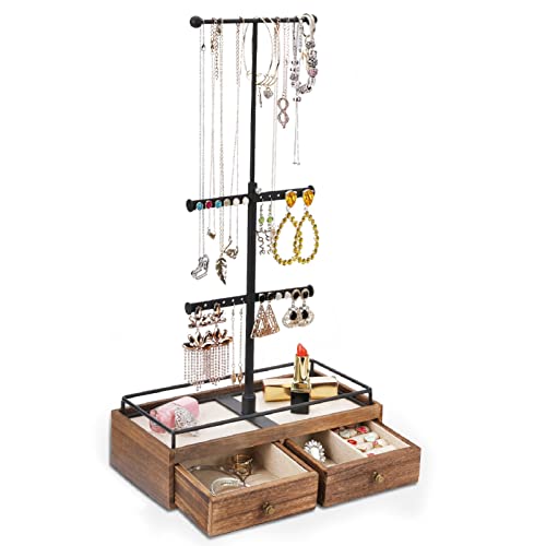 Keebofly Jewelry Organizer Box Detachable Metal Jewelry Tree Stand & Rustic Wood Basic Drawer Storage Box with Top Jewelry Tray - 3 Tier Jewelry Stand Organizer Box for Necklaces Bracelet Earrings Ring Carbonized Black