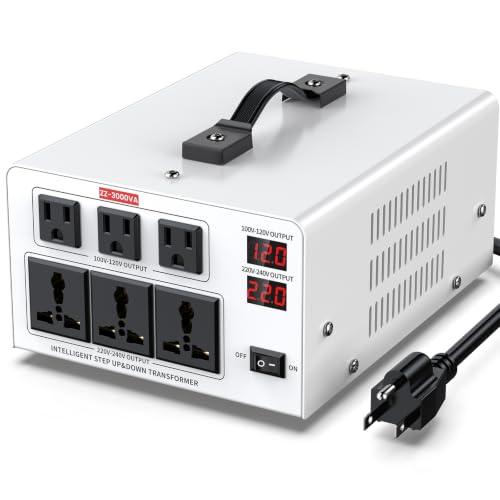 Image of 3000W Voltage Converter Transformer - Step Up 110V to 220V & Step Down 220V to 110V, Auto Input Recognition, 3 US & 3 Universal Outlets, LCD Display, Circuit Breaker for Travel & Home