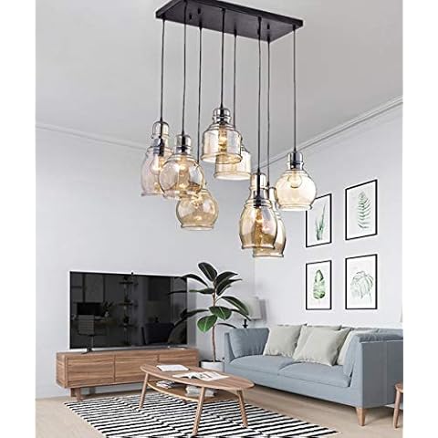 MORE CHANGE MoreChange Pendant Ceiling Lighting for Kitchen Island Black, Chandelier Hanging Light Fixtures with 8 Amber Glass Lampshades for Dining Room Cover