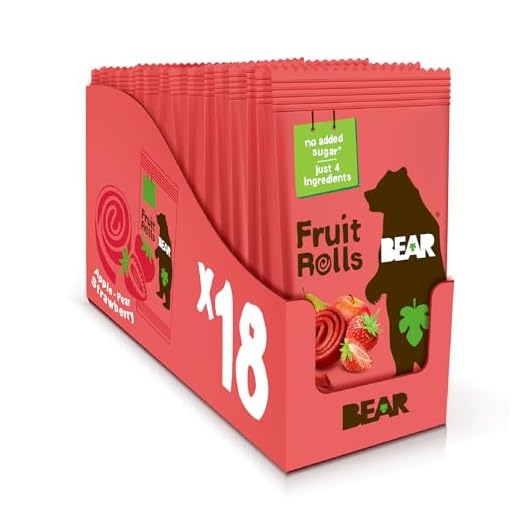 BEAR Real Fruit Snack Rolls - Gluten Free, Vegan, and Non-GMO - Strawberry – Healthy School And Lunch Snacks For Kids And Adults, 0.7 Ounce (Pack of 18)