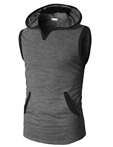H2H Mens Active Sleeveless Longline Tanktop Hoodies with Pocket Charcoal US L/Asia XL (CMTTK015) - Thumbnail 2