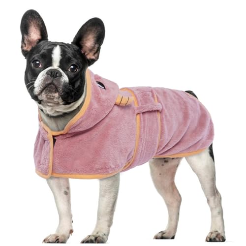 OUOBOB Hundetrocknungsmantel, Hundemantel zum Trocknen von Hunden, rosa Hundetücher für mittlere Hunde, Mikrofaser Hunderobe mit Kapuze für verstellbare Bauchgurte für Frenchie, Boston Terrier M