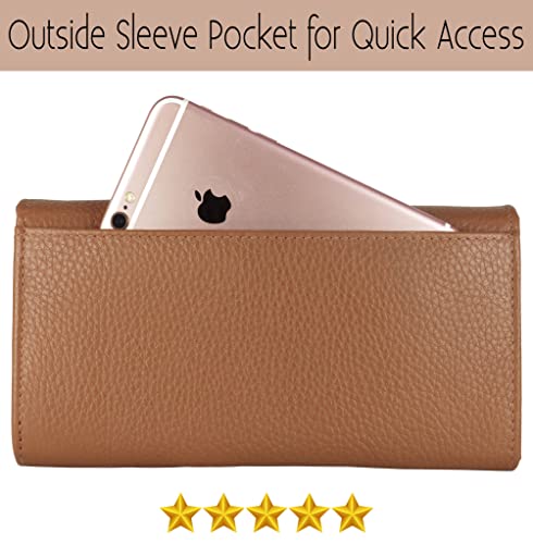 Image of Women's Top Grain Leather Wallet, RFID Blocking Bifold clutch, 17 Card Slots, Zip Pocket Organizer, Elegant Gift for Women - Birthday, Valentine, Anniversary - Pebble Cognac