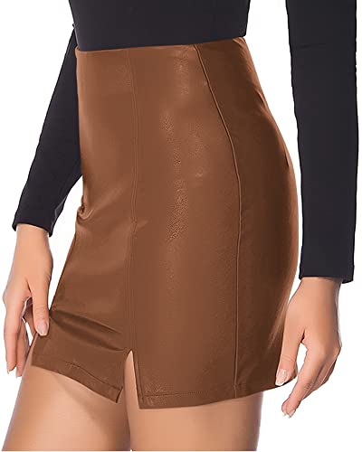 Image of MANGOPOP Women's Basic High Waist Faux Leather Bodycon Mini Pencil Skirt (A013 Brown, Medium)