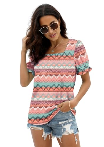 Image of WIHOLL Tops for Women Summer Casual Ruffle Trim Sleeve Square Neck T Shirts