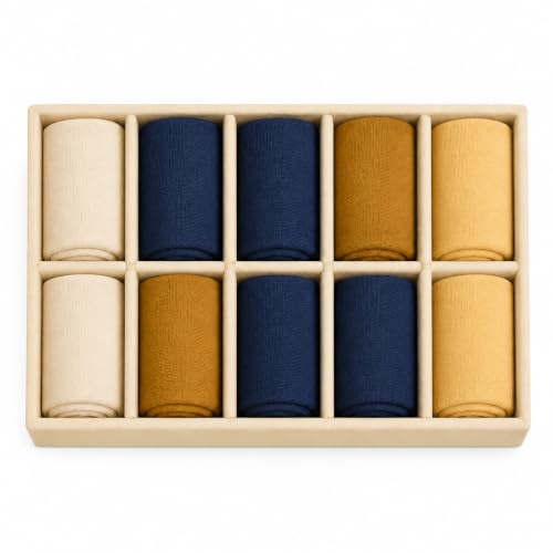 Image of 10 Slot Drawer Organizer Tray for Socks and Ties, Cream | Foldable closet storage tray with dividers for ties, belts, underwear, scarves and small wardrobe accessories arranged neatly