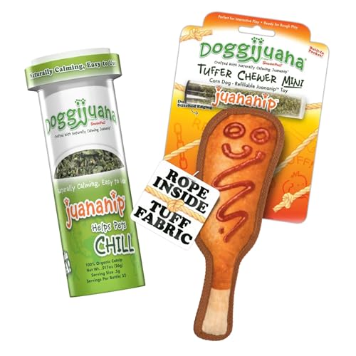 Image of Doggijuana Corn Dog & Juananip Bundle | Squeaky Refillable Plush Toy | Refillable squeaky plush dog toy + organic calming catnip; eases anxiety, stress & storms; drug-free, hand-harvested