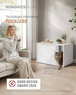 SONGMICS HOME Mobile per Lettiera Gatto, Montaggio Rapido Senza Attrezzi Toolless, Armadietto Lettiera, Casetta per Gatti Grandi, Porte a Spinta, 56 x 44,8 x 45,7 cm, Bianco Neve PCL013W01