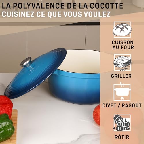 Cocotte Fonte Émaillée VeoHome 6L, Faitout Ultra Résistant,Marmite Compatible Induction/Gaz/Four, Cuisson Homogène, Saveurs Authentiques, Couvercle Relief (Bleu, Ronde 6 Litres (28 cm)) – Image 4