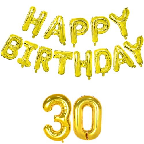Image of Flyloons 30th Golden Colour Happy Birthday Foil Balloon Banner Set for 30 Year Old Boys Girls Men Women|Number Thirty|13 Letters Reusable Happy Birthday Metallic Foil Balloons Decoration Kit, 15Pcs