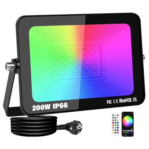 RIGIDON Foco LED Exterior RGBW, 200W 20000LM foco inteligente LED con APP control, RGB Proyector LED Cambio de Color Impermeable IP66 Luz de Inundación con Enchufe para Fiesta, Terraza, Jardin