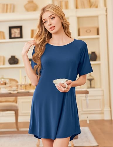 Image of Ekouaer Nightgowns for Women Bamboo Viscose Night Gown Short Sleeve Sleep Shirt Cooling Nightshirt Soft Sleepwear S-XXXL