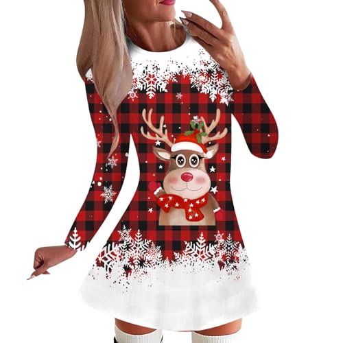 Generisch Weihnachtskleid Damen Weihnachten Kleid Rundhals Nikolaus-Kostüm Komisch gedruckt Xmas Outfit Langarm Cocktailkleid Elegant Slim Fit...