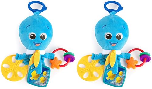 Image of Baby Einstein Activity Arms Octopus BPA Free Clip on Stroller Toy with Rattle and Mirror, Age Newborn +, Blue (Pack of 2)