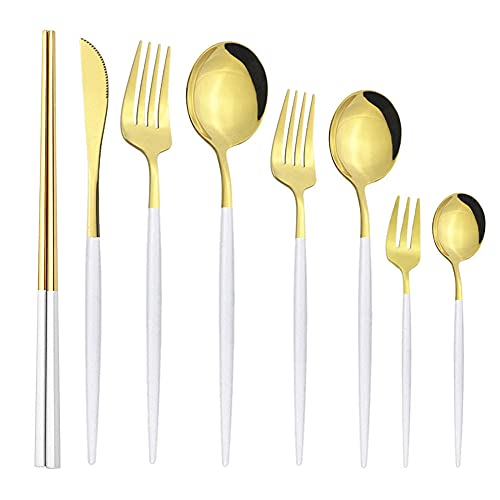 Geschirr Set,Besteck Set 8 stücke Edelstahl Essgeschirr Set Service für 1 Personen, schließen Messer/Gabel/Löffel/Essstäbchen, spiegelpoliert...