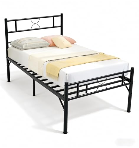 Consejos para Comprar Bases Individuales Economicas los mejores 5. 41 OTBRSOH Cama Individual con Cabecera, Base para Cama Individual de Acero, Estructura Resistente 198x99cm, Soporte 100 kg, Fácil Montaje Negro
