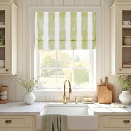 Image of TWOPAGES No Drill Wide Stripe Roman Shades Cordless Roman Blinds for Windows, Custom Made Light Filtering Blackout Blinds Farmhouse Shades for Kitchen, Olivine Bordered Wide Bar, 1 Piece