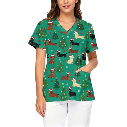 Xarleslyna Christmas Dachshund Medical Scrub Shirts for Women Soft
