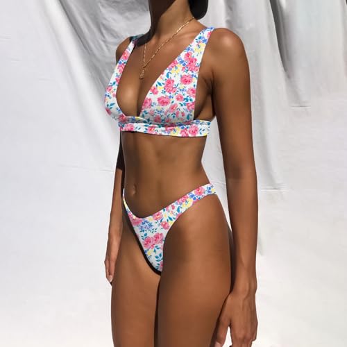 Image of Bathing Suits for Women Deep V Neck Sexy Two Piece Bikini Sets for Women Thong Halter Cheeky Swimsuit