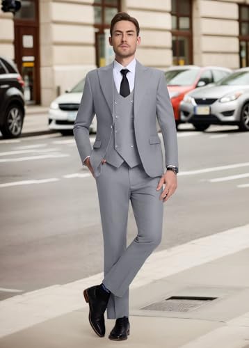 Image of Mens Suit Slim Fit 3 Piece Double Breasted Suit Men Formal Tuxedo Set Casual Wedding Prom Groom Suits