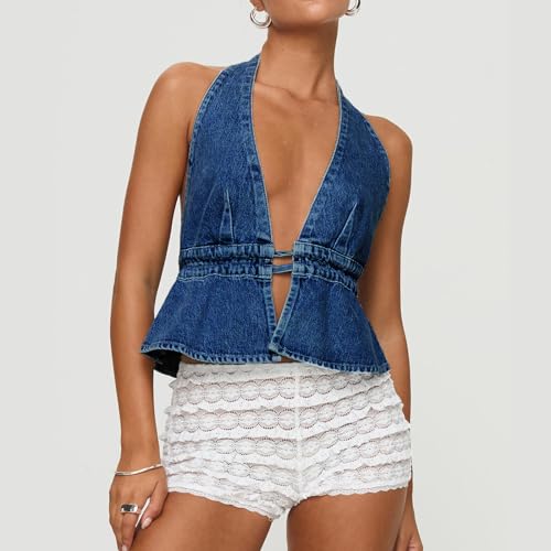 Women Vintage Y2K Denim Vest Sexy Halter Deep V Neck Backless Tie Up Sleeveless Tank Top Summer Peplum Jean Vests2