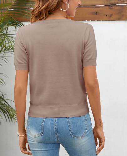 Image of Women Summer Knit Shirt Blouse V Neck Short Sleeve Pullover Sweater Tops