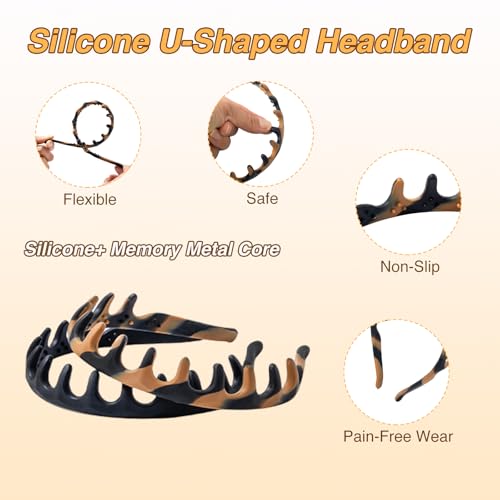 lumitrail 2pcs Silicone Comb Headbands for Women Non Slip, No Headache Headband with Teeth for Girls, Soft Head Bands for Women's Hair (Tortoise & Black)