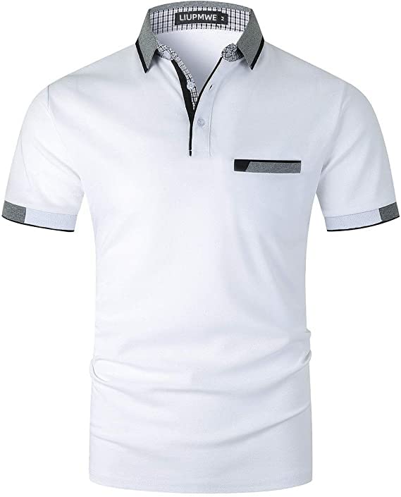 LIUPMWE Polo Shirts for Men with Pocket Elegante Plaided Short Sleeve Cotton T Shirts Golf Shirt,B-White,XL